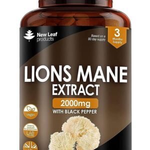 Lions Mane Mushroom Extract Supplement 2000mg - 180 High Strength Vegan Tablets with Black Pepper - (Not Powder or Capsules) Made in The UK by New Leaf Products